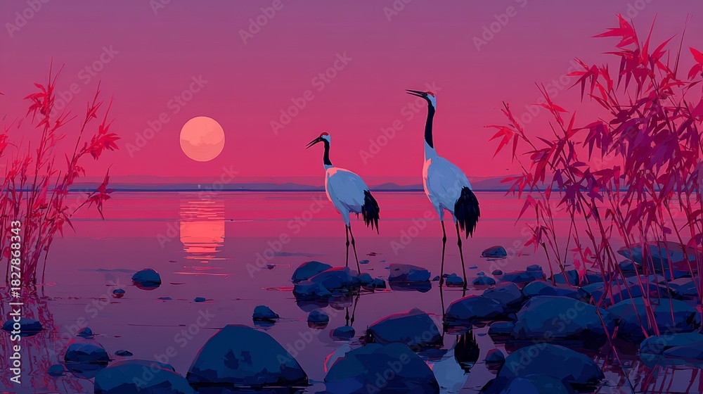 Obraz premium Serene Cranes at Sunset A Tranquil Waterscape.