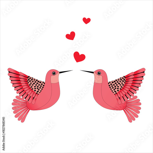 Two love birds and hearts. Two pink hummingbirds. Vector illustration for Valentine's Day, wedding, anniversary.