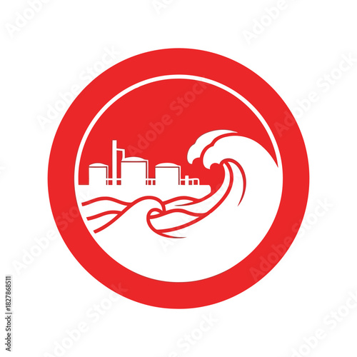 Tsunami warning icon: waves threaten industrial city skyline Vector