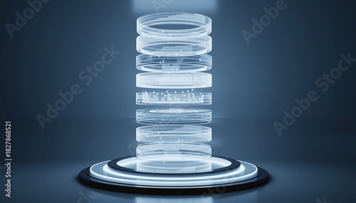 Fototapeta Naklejka Na Ścianę i Meble -  A futuristic, illuminated structure composed of transparent layers, set against a sleek, dark background.