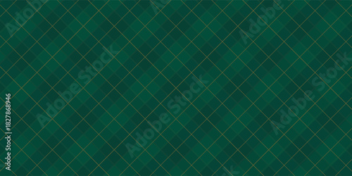 Dark Green Argyle Vector Pattern. Christmas Background. Golf Textile Print. Emerald Diamonds with Gold Accent Lines. Seamless Pattern Tile.