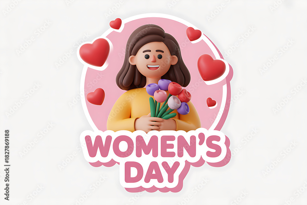 Obraz premium Celebrate Women's Day with this adorable 3D character holding flowers and surrounded by love hearts, perfect for a heartwarming greeting or empowering message