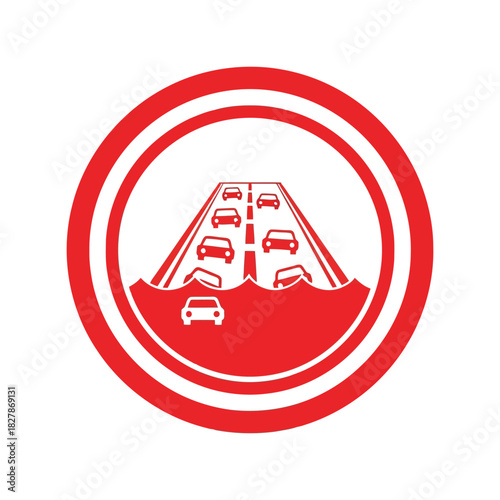 Flooded road cars icon   traffic hazard warning symbol Vector