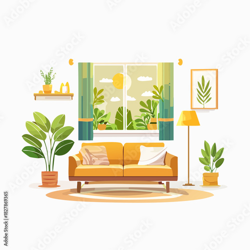 Inviting living space filled with plants and natural light. A cozy sofa beckons for relaxation. Perfect for illustrating modern home design and peaceful indoor living. Bright, cheerful, and stylish.