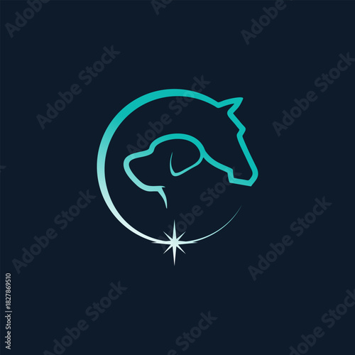 A creative veterinary logo concept featuring a horse and a dog in a circular emblem with a sparkling star, symbolizing animal care