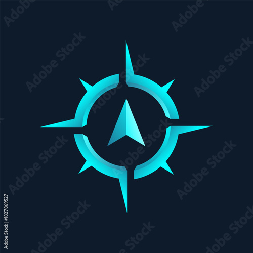 Modern digital compass symbol with a glowing neon blue arrow pointing north, representing direction, travel, and technology concepts