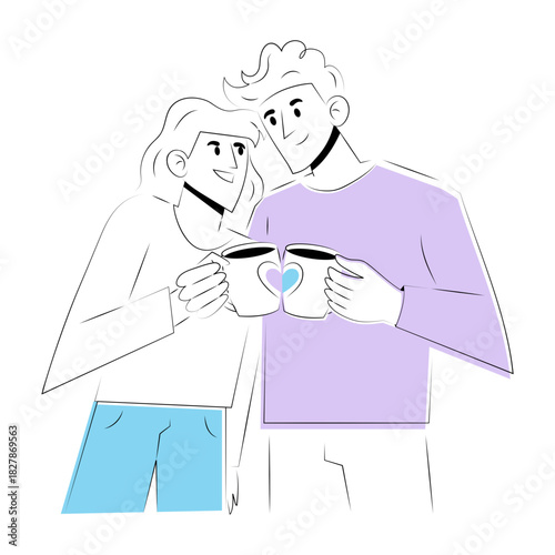 Hand drawn style illustration showing a couple enjoying coffee date