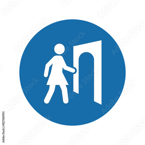 Female exit sign icon   blue circle pictogram, restroom changing room Vector