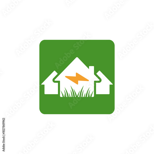 Eco-friendly home energy concept icon with houses and a lightning bolt for electricity, set against a green background symbolizing renewable power for a neighborhood