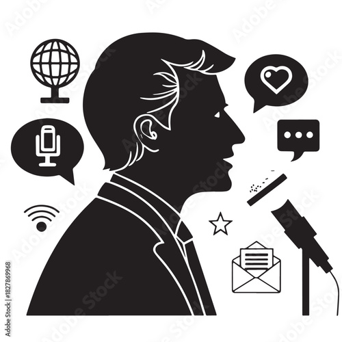 Black media public relations Silhouette Vector, High Quality Illustration on White Background