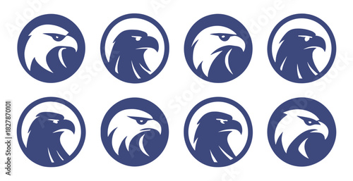 Eagle head emblems in circular frames with sharp shapes and strong profiles. Each version shows power and focused expression. Clean lines provide bold visual identity options