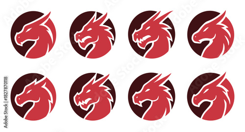 Dragon head logos with fierce silhouettes and bold profile shapes. Each emblem shows legendary character and dynamic energy. Clean lines create strong fantasy themed marks