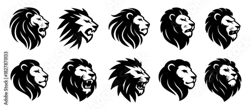 Lion head graphic illustrations with expressive mane and firm profiles. Each version highlights strength and noble presence. Clean lines create bold visual identity options