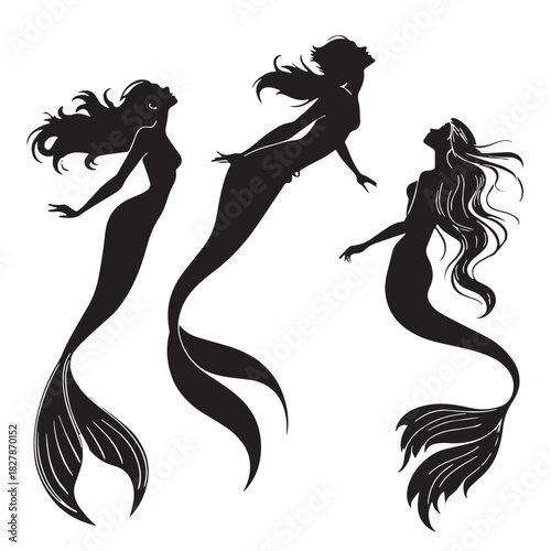 Black mermaids and sirens Silhouette Vector, High Quality Illustration on White Background