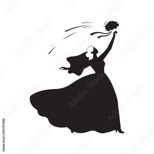 Silhouette of a bride throwing a bouquet of flowers as a wedding tradition