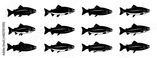 Fish silhouettes show streamlined bodies and clean flowing contours. Each pose highlights natural motion and simple structure. The silhouettes have very high quality