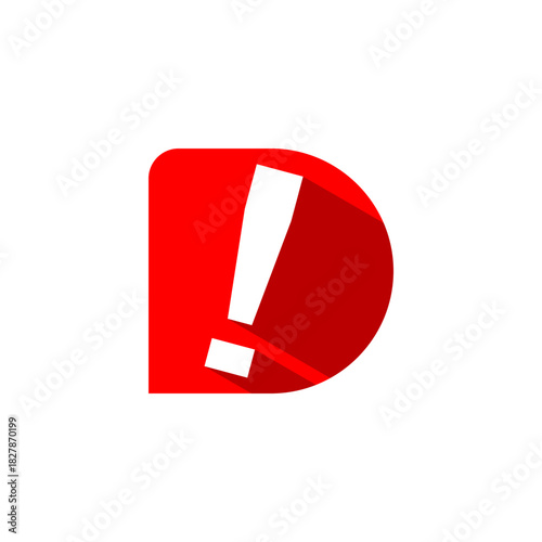 Bold red letter D icon featuring a prominent exclamation mark with a long shadow. A striking vector graphic for branding, alerts, and digital communication