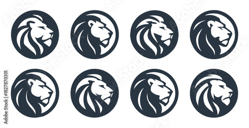 Lion head emblems in round frames with bold shapes and sharp lines. Each version shows strong character and noble expression. The set offers clean graphic variations for branding