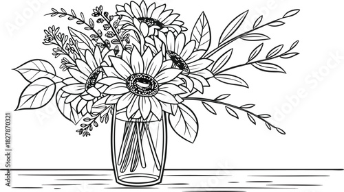Sunflowers in outline form. Line art of sunflowers illustration.