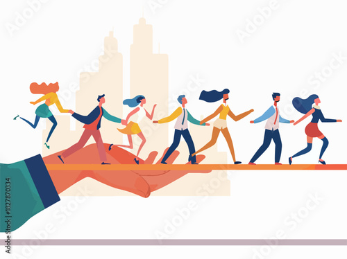 This illustration shows a group of people running together, supported by a hand, representing guidance, teamwork, and leadership towards success in a city setting.