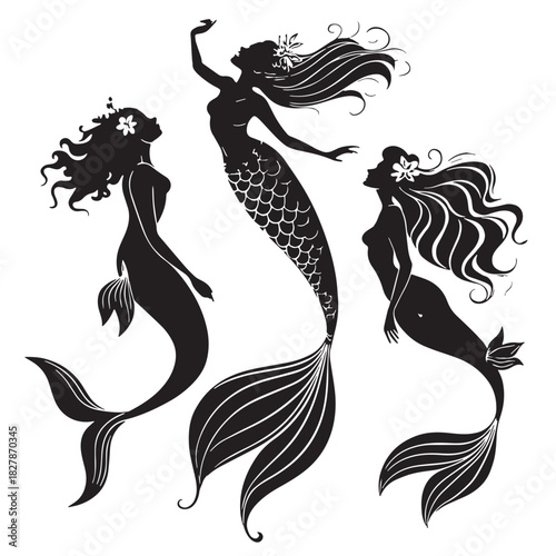 Black mermaids and sirens Silhouette Vector, High Quality Illustration on White Background
