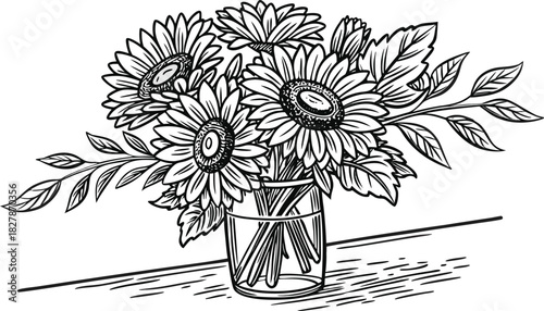 Sunflowers in outline form. Line art of sunflowers illustration.