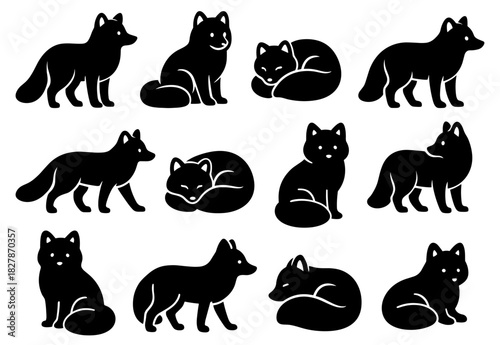 Arctic fox silhouettes in multiple calm poses with smooth minimal shapes. Each pose shows quiet natural behavior and gentle outlines