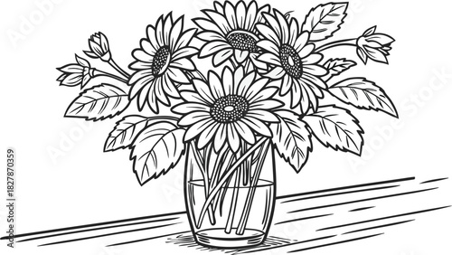 Sunflowers in outline form. Line art of sunflowers illustration.