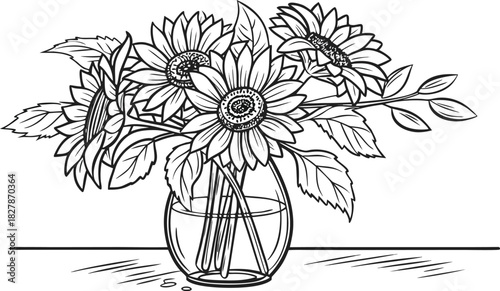 Sunflowers in outline form. Line art of sunflowers illustration.