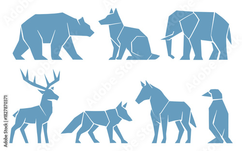Geometric animal silhouettes created with angular shapes and stylized forms. Each figure shows a clear pose with simple flat structure