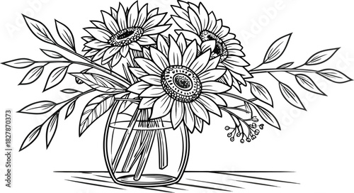 Sunflowers in outline form. Line art of sunflowers illustration.