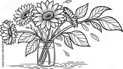 Sunflowers in outline form. Line art of sunflowers illustration.