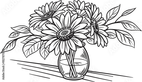 Sunflowers in outline form. Line art of sunflowers illustration.