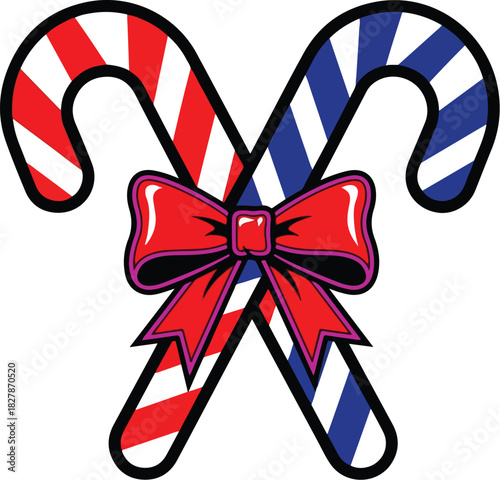 Red Blue Candy Canes with Diamond Stripes Bow Vector