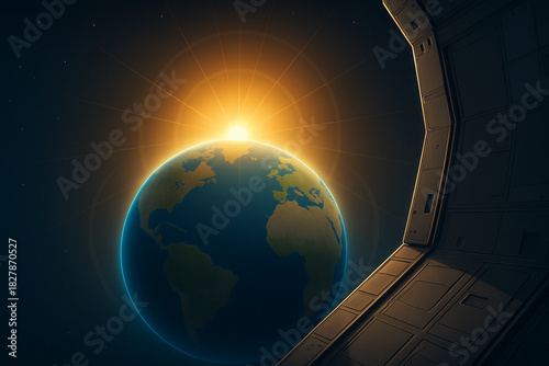 Vector Illustration from Spacecraft's exterior viewpoint showing Earth in the foreground and the Sun rising behind it