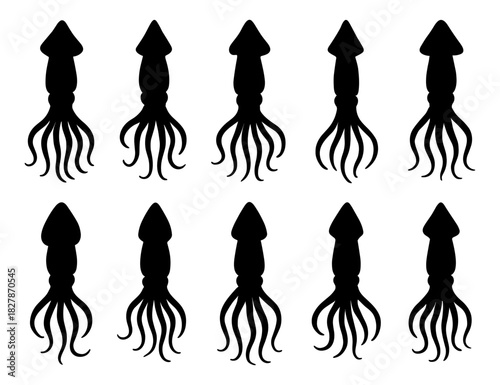 Squid silhouettes feature elongated bodies with flowing tentacle shapes. Each figure highlights smooth aquatic movement and clean contours. The silhouettes have very high quality