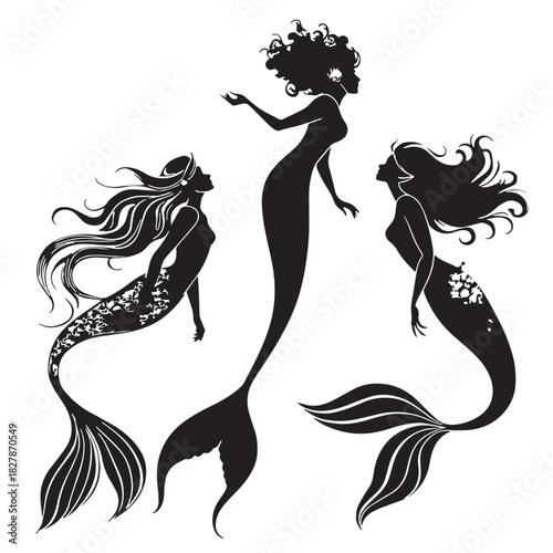 Black mermaids and sirens Silhouette Vector, High Quality Illustration on White Background