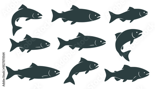 Fish silhouettes display streamlined bodies and clean curved lines in varied swimming poses. Each figure highlights natural aquatic motion and simple shape. The silhouettes have very high quality