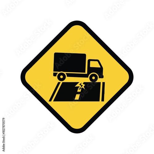Cracked road ahead warning sign with truck   infrastructure hazard icon Vector