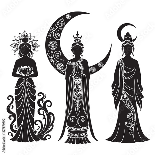 Black moon deities Silhouette Vector, High Quality Illustration on White Background