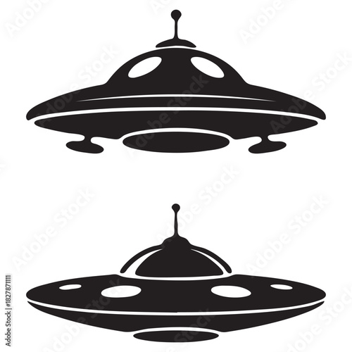 Two Black Silhouettes of Flying Saucer UF Os spaceship