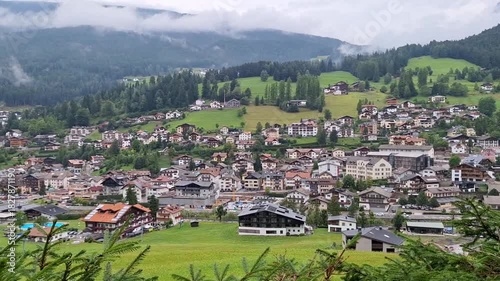 Panorama of the town of Ortisei on a cloudy summer day.