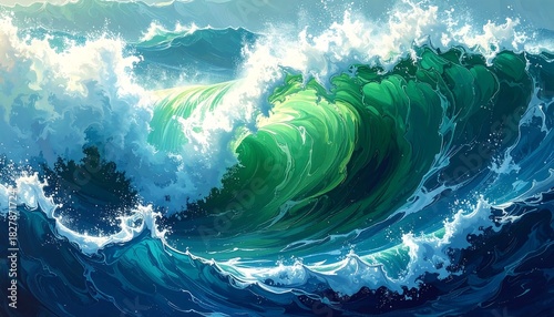 Fototapeta Naklejka Na Ścianę i Meble -  An ocean wave crests, painted in hues of blues and greens with bright white foam under the sun