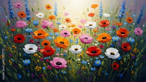 Fototapeta Naklejka Na Ścianę i Meble -  Vibrant floral oil painting of a colorful summer meadow