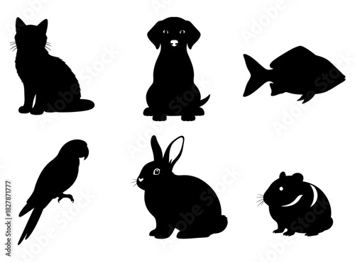 Collection of Silhouettes of Popular Pets Cat, Dog, Fish, Parrot, Rabbit, and Guinea Pig