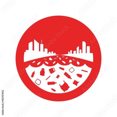 Urban waste pollution icon: city contaminates waterways Vector