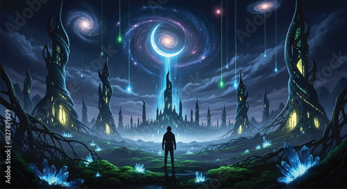 Silhouette of a lone explorer standing before a mystical alien landscape.