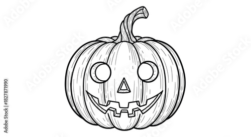 Detailed black and white line art illustration of a traditional carved Halloween jack-o-lantern with a spooky face perfect for coloring pages.