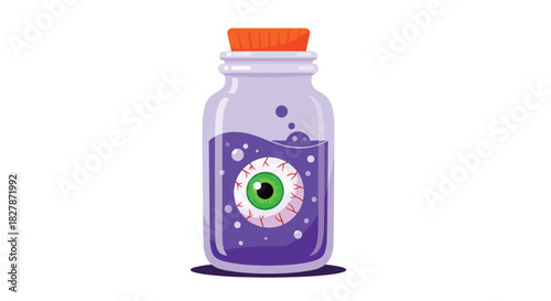 Spooky Halloween cartoon illustration of a glass jar filled with bubbling purple poison with a large green eyeball floating inside.
