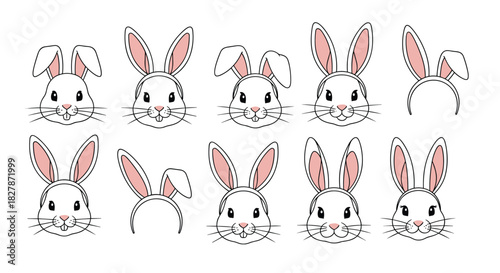 Set of cute Easter bunny faces and rabbit ear headbands shown in a clean line art style with pink details isolated on white.